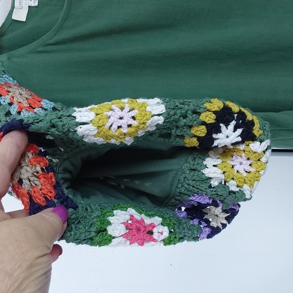 Umgee Green Top with Multicolor Crochet Sleeves Boho Linen Trendy Sz.XL - Picture 3 of 8